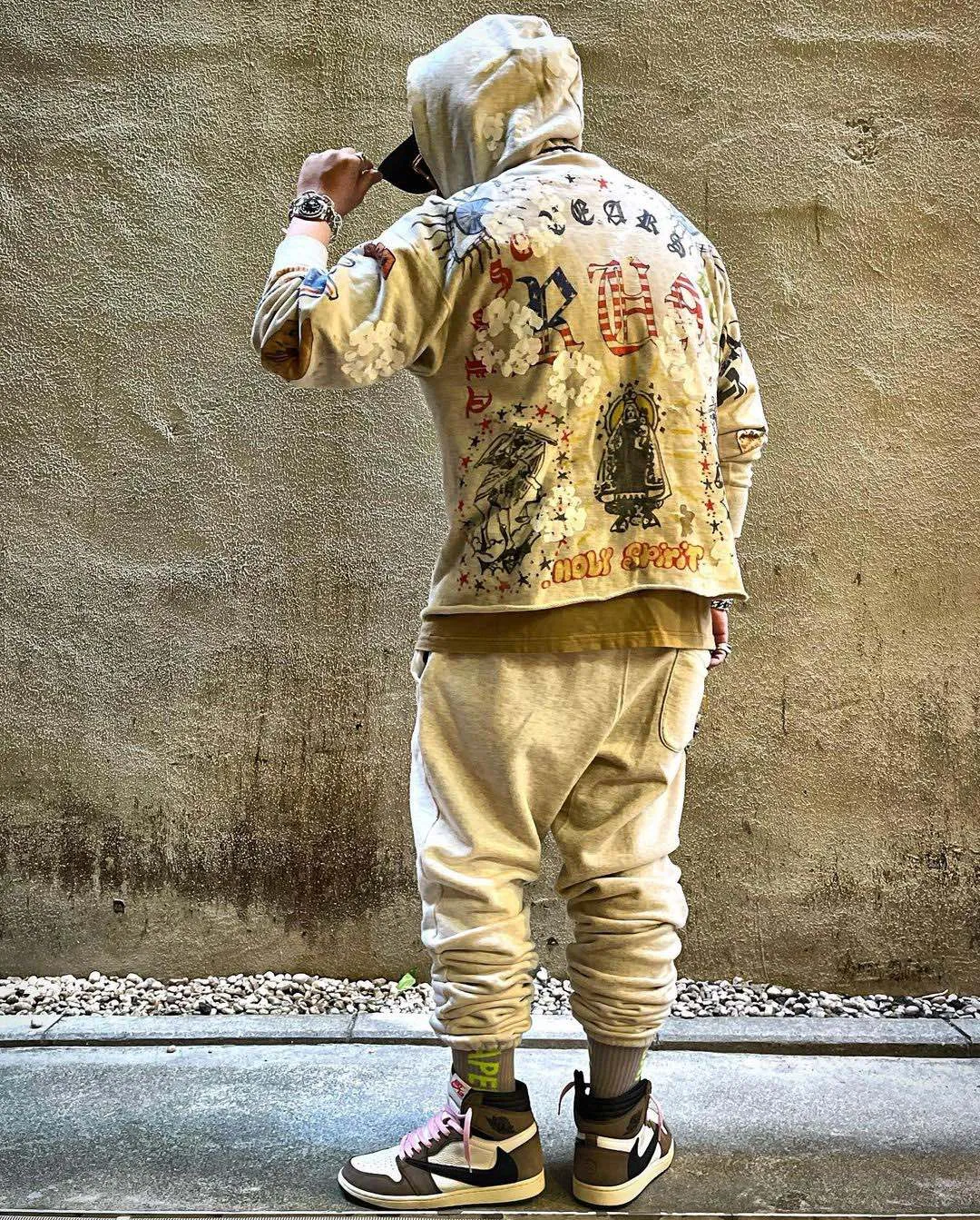 DENIM TEARS × ©SAINT M×××××× "SAINT TEARS" Graffiti Hoodie Joint Model Cotton Graffiti Hoodie Fully Printed Washed Distressed Holes Vintage Sweatshirt Gray S-XL Super Heavy Duty! The whole piece is printed with 35 screens and counterpoint printing!